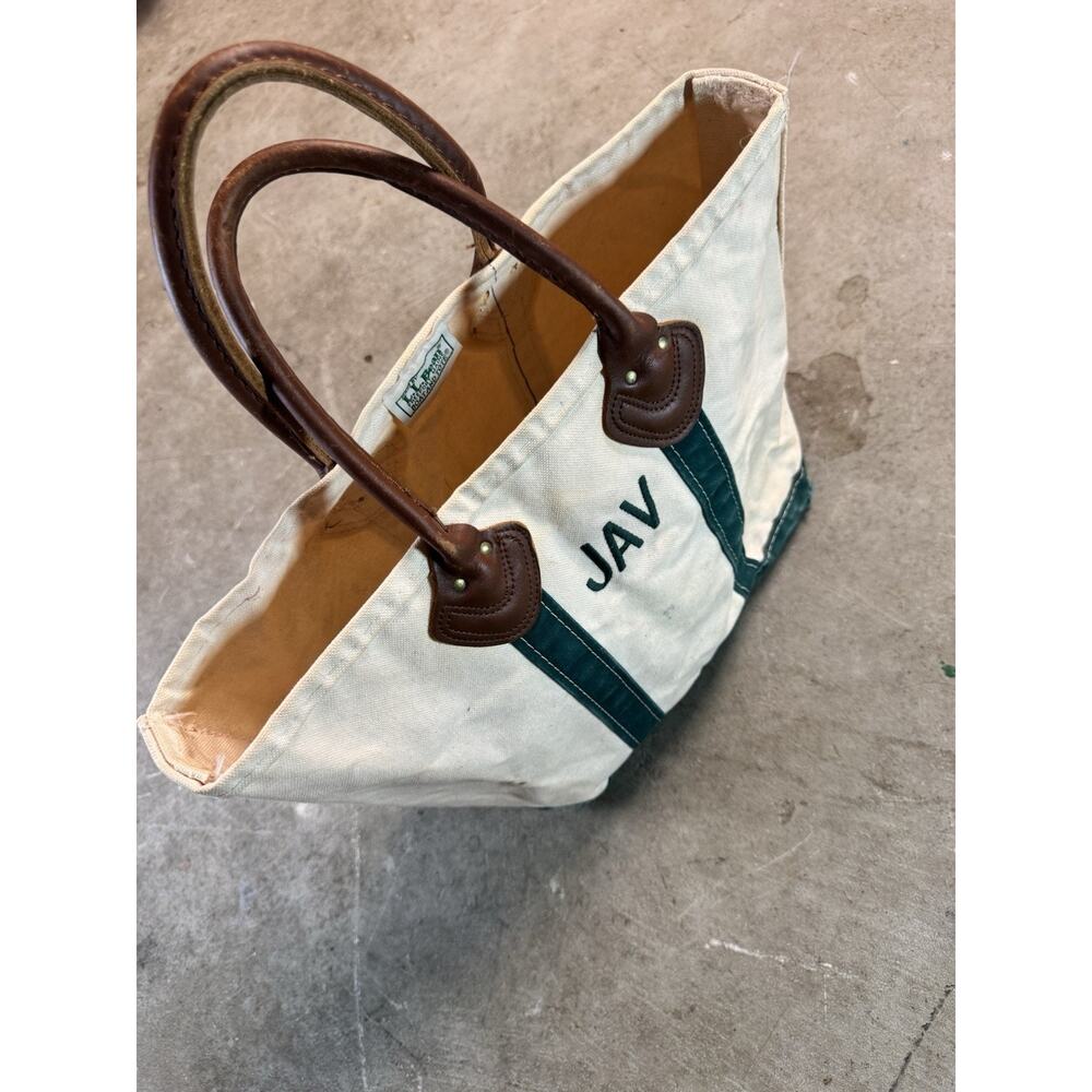 Vintage 80s LL Bean Boat Tote Canvas Bag Medium Green & White Made In USA - Picture 8 of 9
